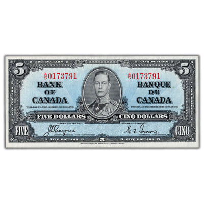 SOLD $5 1937 Bank of Canada Note Coyne-Towers A/S Prefix BC-23c - Nice EF/AU