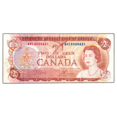 SOLD $2 1974 Bank of Canada Note ARE Prefix Low Serial #631 - VF