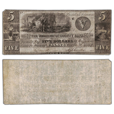 United States 1835 Washington County Bank $5 Five Dollars Obsolete Note - Missing Corner Tip