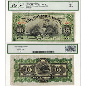 SOLD $10 1925 The Dominion Bank Canada Chartered Note #220-16-14 - Legacy VF-25