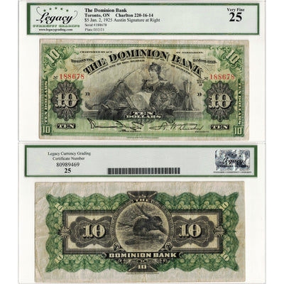 SOLD $10 1925 The Dominion Bank Canada Chartered Note #220-16-14 - Legacy VF-25