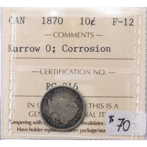 SOLD Canada 1870 Narrow 0 10 Cents Dime Silver Coin - ICCS F-12 (corrosion)