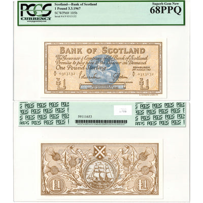 Scotland 1967 1 One Pound Note P #105b - PCGS Superb UNC-68 PPQ