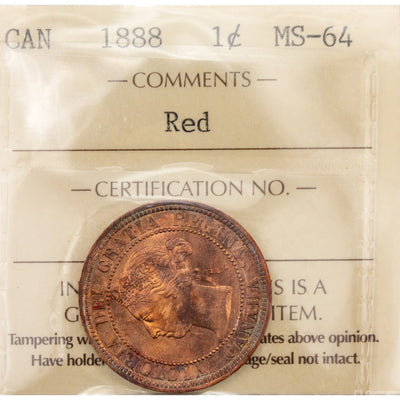 Canada 1888 One Large Cent Coin - ICCS MS-64 Red