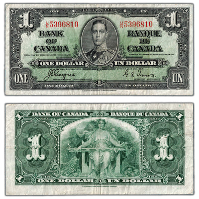 $1 1937 Bank of Canada Note Coyne-Towers U/N Prefix BC-21d - F/VF