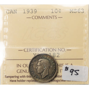 SOLD Canada 1939 10 Cents Dime Silver Coin - ICCS MS-63