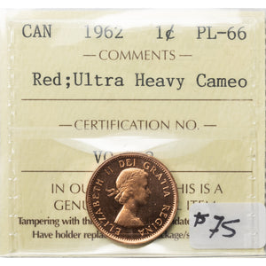 SOLD Canada 1962 1 Small Cent Coin - ICCS PL-66 Red UHC