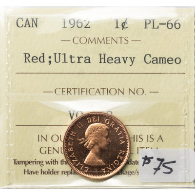 SOLD Canada 1962 1 Small Cent Coin - ICCS PL-66 Red UHC