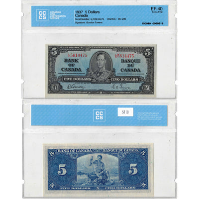 $5 1937 Bank of Canada Note Gordon-Towers L/C Prefix BC-23b - CCCS EF-40