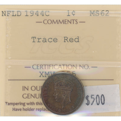 Newfoundland 1944 1 One Small Cent Coin - ICCS MS-62 Trace Red