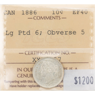 Canada 1886 Lg Ltd 6 Obv 5 10 Cents Dime Silver Coin - ICCS EF-40