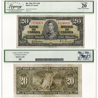 SOLD $20 1937 Bank of Canada Note Radar Serial 1246421 BC-25b - Legacy VF-20