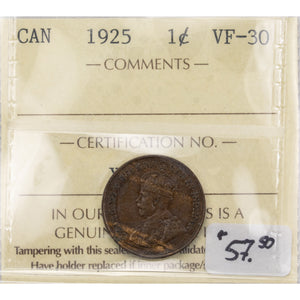 SOLD Canada 1925 1 Small Cent Coin - ICCS VF-30