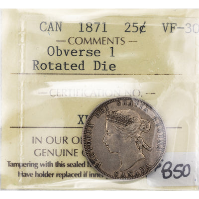 SOLD Canada 1871 Obv 1 25 Cents Quarter Silver Coin - ICCS VF-30 Rotated Die