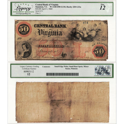 United States 1860 $50 Central Bank of Virginia Note W-1440-050-G110 - Legacy F-12