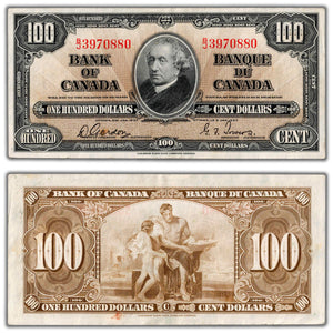 SOLD $100 1937 Bank of Canada Note Gordon-Towers B/J Prefix BC-27b - VF/EF (staining)