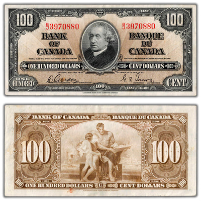 SOLD $100 1937 Bank of Canada Note Gordon-Towers B/J Prefix BC-27b - VF/EF (staining)