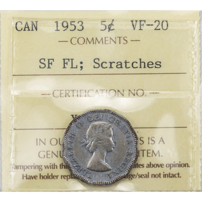 SOLD Canada 1953 SF FL Mule 5 Cents Nickel Coin - ICCS VF-20 (scratches)