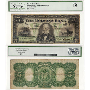 SOLD $5 1912 The Molsons Bank Canada Chartered Note #490-32-02 - Legacy F-15