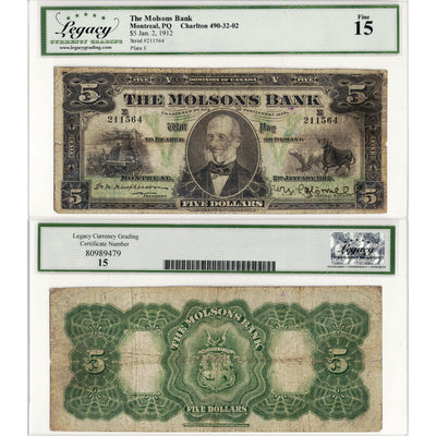 SOLD $5 1912 The Molsons Bank Canada Chartered Note #490-32-02 - Legacy F-15