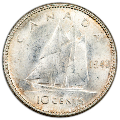 Canada 1943 10 Ten Cents Dime Silver Coin - AU-55