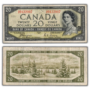 SOLD $20 1954 Bank of Canada Note Devil Face Coyne-Towers A/E Prefix BC-33a - Writing