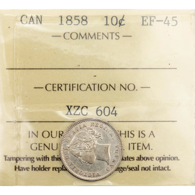 Canada 1858 10 Cents Dime Silver Coin - ICCS EF-45