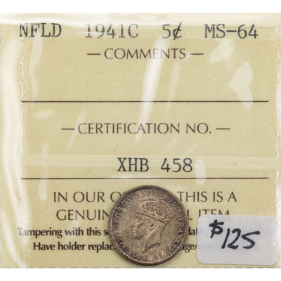 Newfoundland 1941c 5 Cents Silver Coin - ICCS MS-64