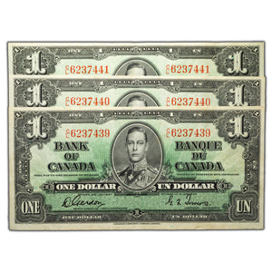 SOLD $1 1937 Bank of Canada Note C/L Prefix BC-21c - 3 Consecutive - VF+/EF