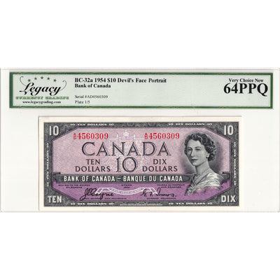 $10 1954 Bank of Canada Note Devil Face A/D Prefix BC-32a - Legacy Ch UNC-64 PPQ