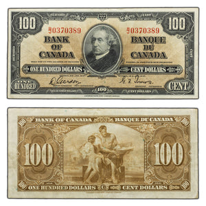 SOLD $100 1937 Bank of Canada Note Gordon-Towers B/J Prefix BC-27b - VF+