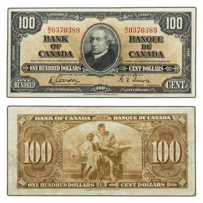 SOLD $100 1937 Bank of Canada Note Gordon-Towers B/J Prefix BC-27b - VF+
