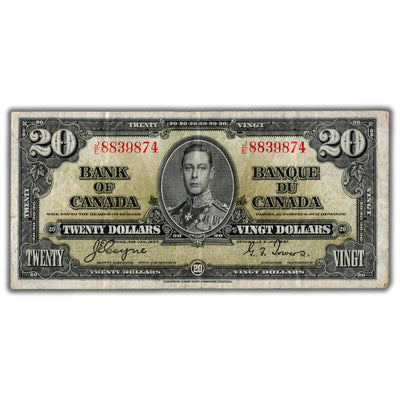 $20 1937 Bank of Canada Note Coyne-Towers J/E Prefix BC-25c - F/VF
