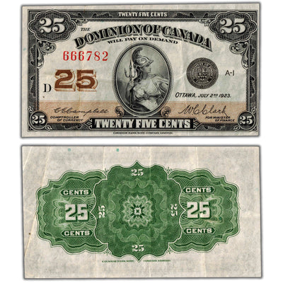 25 Cents 1923 Dominion of Canada Shinplaster Note DC-24d - VF+