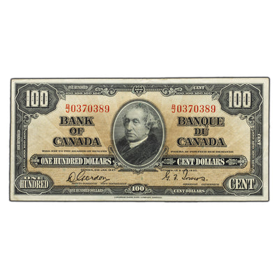 SOLD $100 1937 Bank of Canada Note Gordon-Towers B/J Prefix BC-27b - VF+