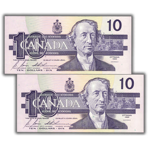 SOLD $10 1989 Bank of Canada Notes BDH Prefix BC-57b - 2 Consecutive UNC