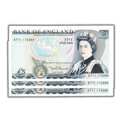 Great Britain N.D (1980-1987) 5 Five Pounds Note P #378c - 3 Consecutive AU