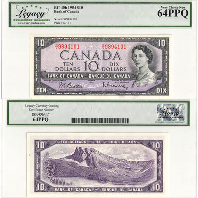 $10 1954 Bank of Canada Note Beattie-Rasminsky O/V Prefix BC-40b - Legacy Ch UNC-64 PPQ