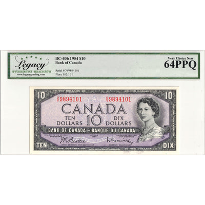$10 1954 Bank of Canada Note Beattie-Rasminsky O/V Prefix BC-40b - Legacy Ch UNC-64 PPQ