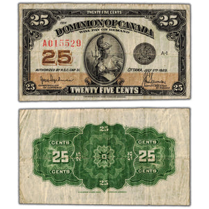 SOLD 25 Cents 1923 Dominion of Canada Shinplaster Note DC-24a - F/VF