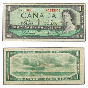 SOLD $1 1954 Bank of Canada Note - Near Solid Serial 5555055