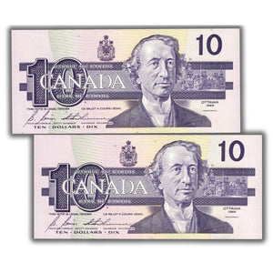 SOLD $10 1989 Bank of Canada Notes BDH Prefix BC-57b - 2 Consecutive Ch UNC
