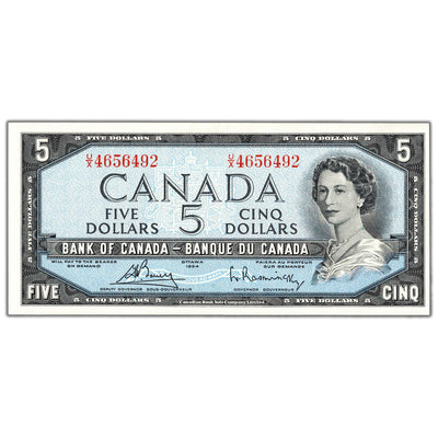 $5 1954 Bank of Canada Note Bouey-Rasminsky U/X Prefix BC-39c - AU+