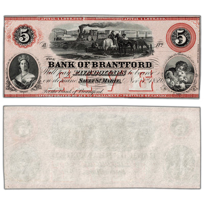 SOLD $5 1859 Bank of Brantford Canada Chartered Remainder Note #40-12-08R - UNC (staple hole)