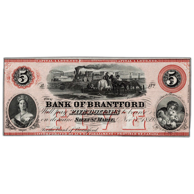 SOLD $5 1859 Bank of Brantford Canada Chartered Remainder Note #40-12-08R - UNC (staple hole)