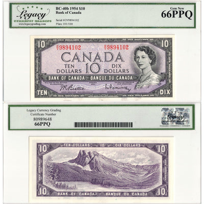 SOLD $10 1954 Bank of Canada Note Beattie-Rasminsky O/V Prefix BC-40b - Legacy Gem UNC-66 PPQ