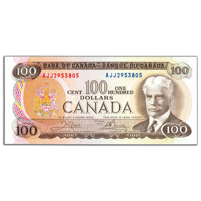 SOLD $100 1975 Bank of Canada Note Crow-Bouey AJJ Prefix BC-52b - Choice UNC