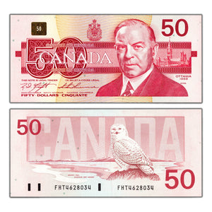 SOLD $50 1988 Bank of Canada Note Knight-Thiessen FHT Prefix BC-59c - AU/UNC