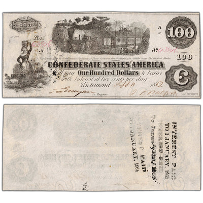 United States 1862 $100 Confederate States of America Note - AU+