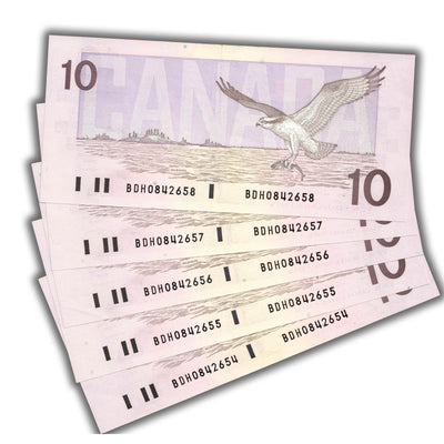 SOLD $10 1989 Bank of Canada Notes BDH Prefix BC-57b - 5 Consecutive AU/UNC